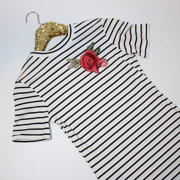 White Black Striped Embroidered T-Shirt Dress - Picture 6 of 8